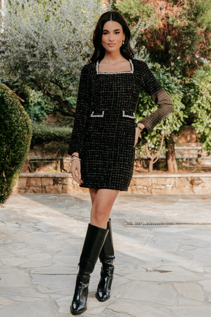 Φόρεμα midi tweed με στρας μαύρο