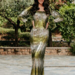 Φόρεμα maxi με παγιέτες και πούπουλα πράσινο