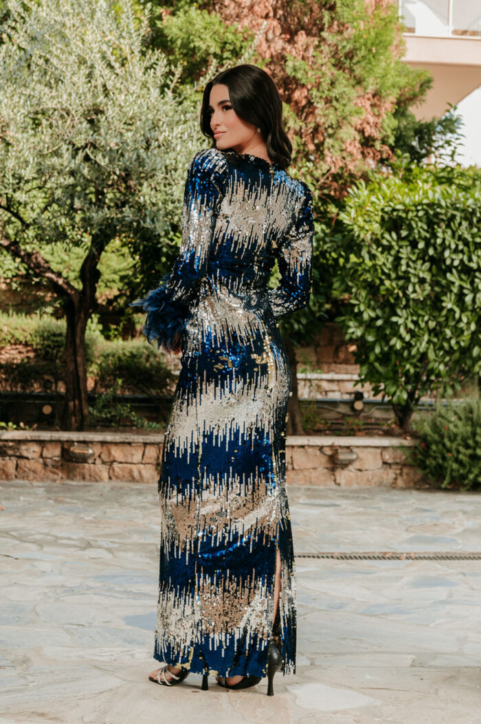 Φόρεμα maxi με παγιέτες και πούπουλα μπλε - Image 6