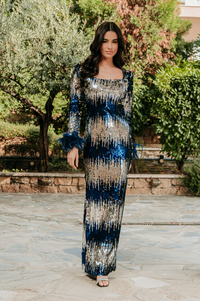Φόρεμα maxi με παγιέτες και πούπουλα μπλε - Image 2