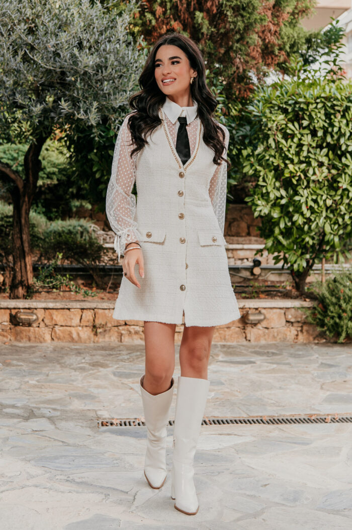 Φόρεμα mini tweed με διαφάνεια και γραβάτα άσπρο - Image 4