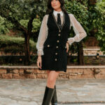 Φόρεμα mini tweed με διαφάνεια και γραβάτα μαύρο