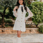 Φόρεμα mini tweed με διαφάνεια και γραβάτα άσπρο