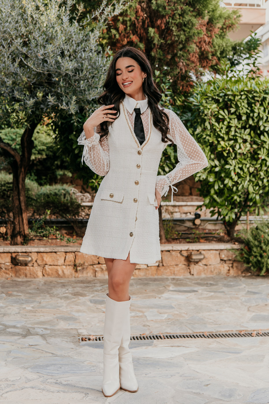 Φόρεμα mini tweed με διαφάνεια και γραβάτα άσπρο