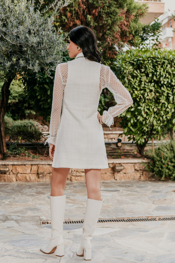 Φόρεμα mini tweed με διαφάνεια και γραβάτα άσπρο - Image 6