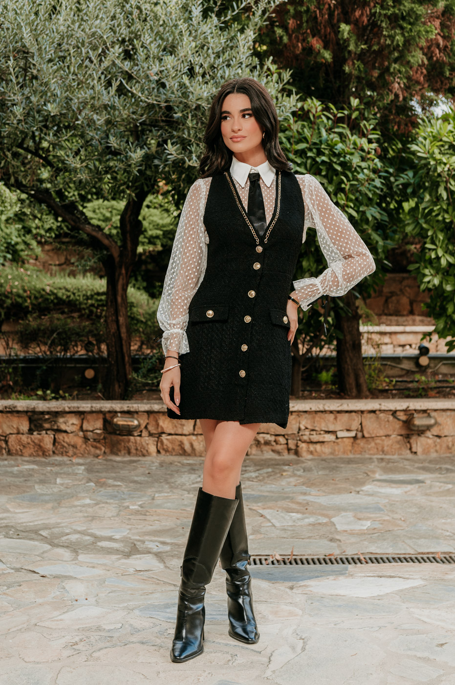 Φόρεμα mini tweed με διαφάνεια και γραβάτα μαύρο