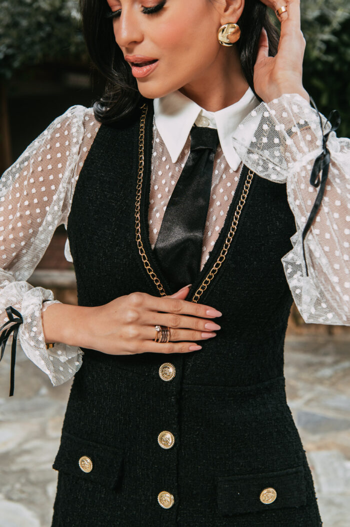 Φόρεμα mini tweed με διαφάνεια και γραβάτα μαύρο - Image 7