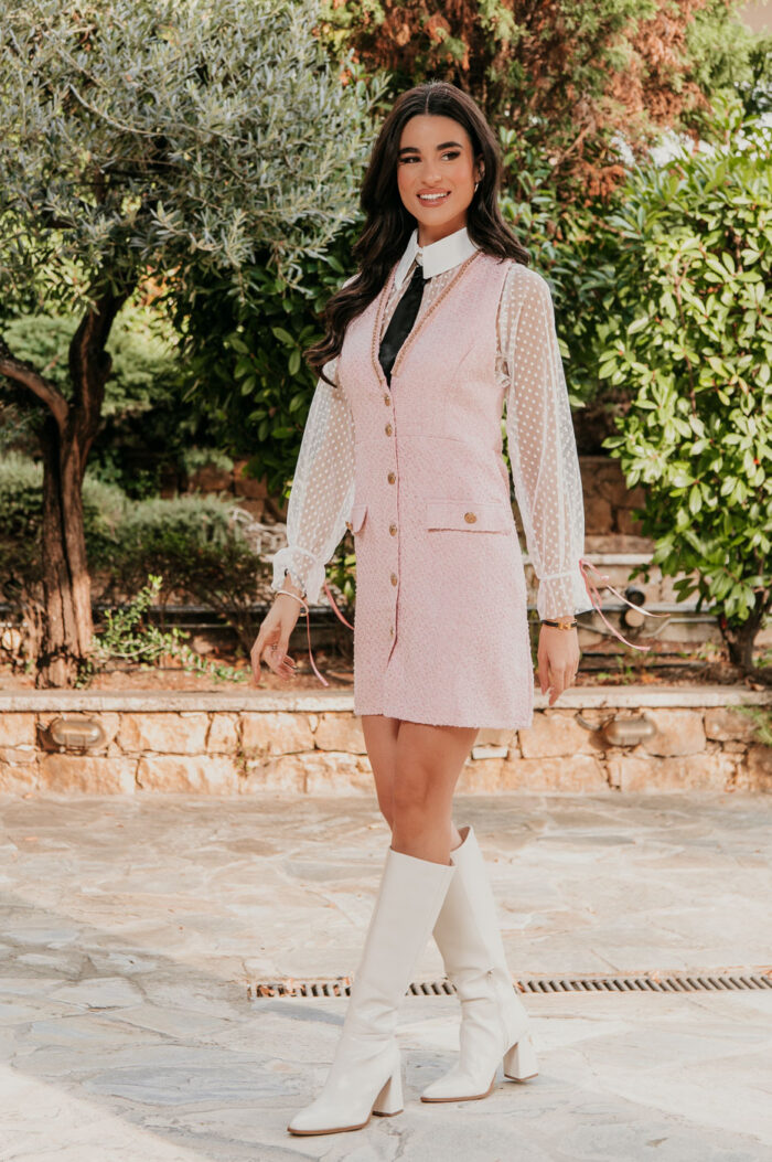 Φόρεμα mini tweed με διαφάνεια και γραβάτα ροζ - Image 4