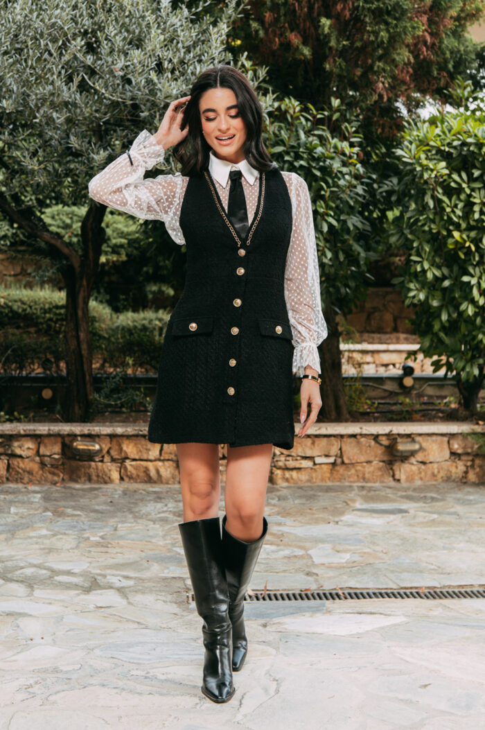 Φόρεμα mini tweed με διαφάνεια και γραβάτα μαύρο - Image 2