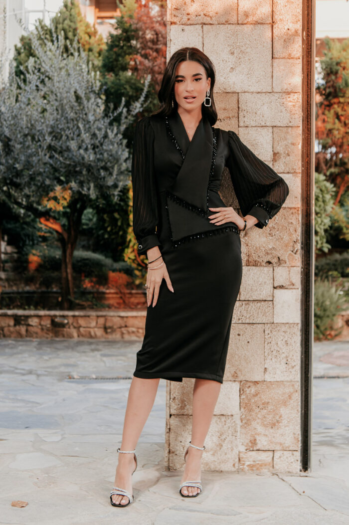 Φόρεμα midi με χάντρες και μανίκι διαφάνεια μαύρο - Image 5