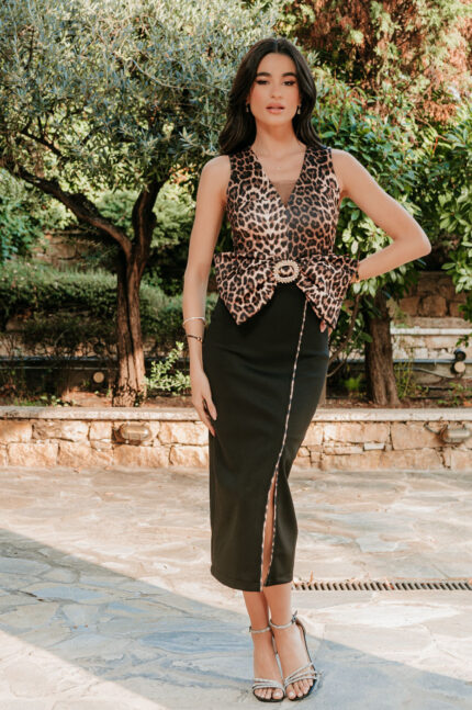 Φόρεμα maxi με 3D φιόγκο με στρας leopard