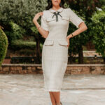 Φόρεμα midi tweed άσπρο με στρας τύπου Chanel