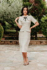 Φόρεμα midi tweed άσπρο με στρας τύπου Chanel