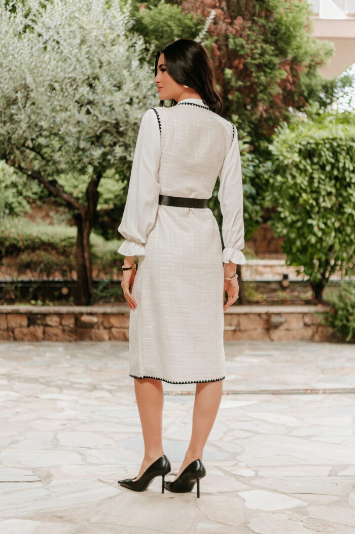 Φόρεμα midi tweed εκρού με πουκάμισο τύπου Chanel - Image 6