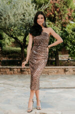 Φόρεμα midi leopard καφέ με παγιέτες και λουλούδι