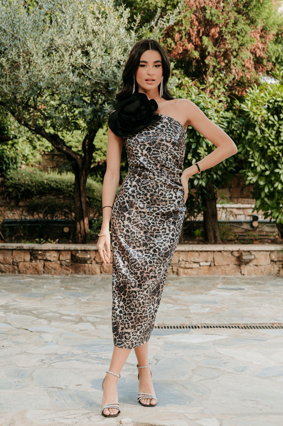 Φόρεμα midi leopard με παγιέτες και λουλούδι