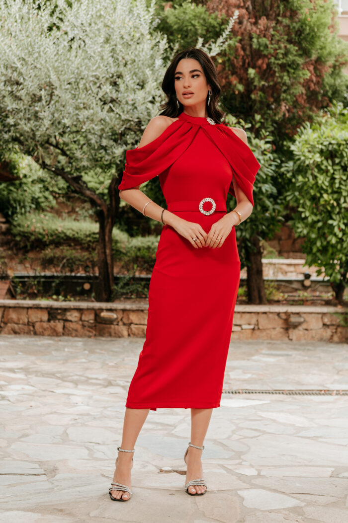 Φόρεμα maxi με ψηλή λαιμόκοψη και ζώνη κόκκινο - Image 2
