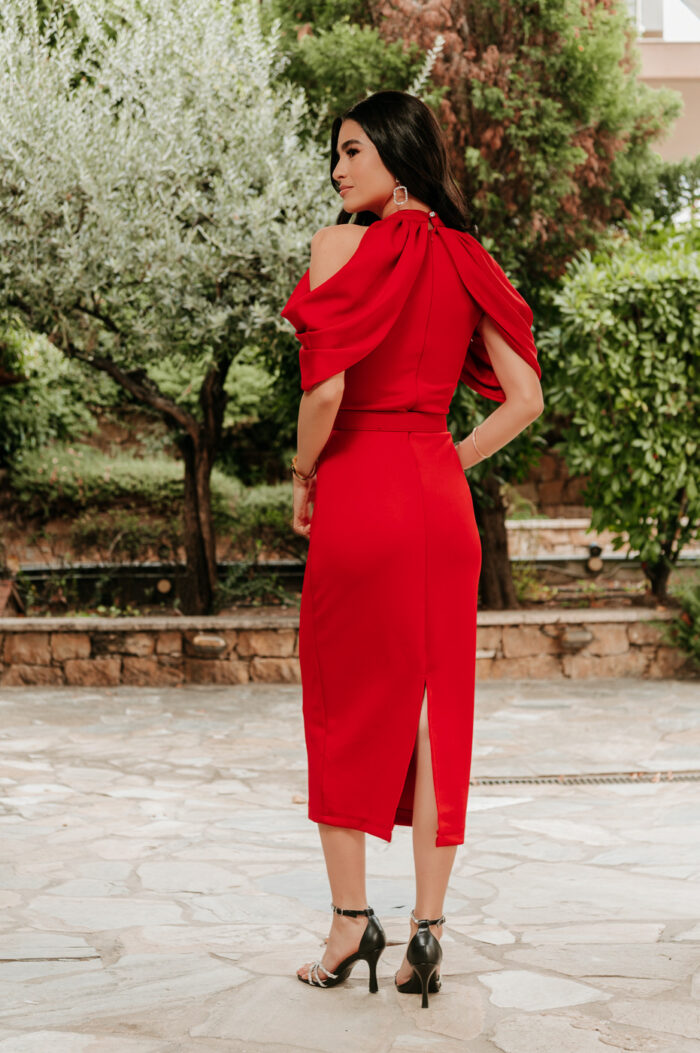 Φόρεμα maxi με ψηλή λαιμόκοψη και ζώνη κόκκινο - Image 7