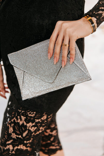 Tσάντα φάκελος clutch με στρας σε ασημί χρώμα