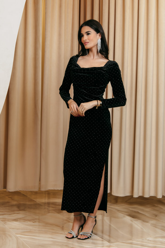 Φόρεμα maxi velvet με στρας μαύρο - Image 3