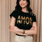 Μπλούζα κοντομάνικη μαύρη με στρας και στάμπα