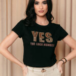 Μπλούζα κοντομάνικη μαύρη με καφέ στάμπα και στρας