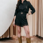 Σετ πουκάμισο-σορτς λινό με κιπούρ λεπτομέρεια μαύρο