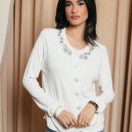 Ζακέτα άσπρη πλεκτή με πέτρες στρας