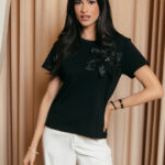 Μπλούζα κοντομάνικη μαύρη με 3D λουλούδι