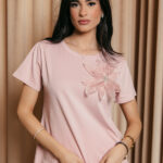 Μπλούζα κοντομάνικη ροζ με 3D λουλούδι