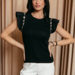 Μπλούζα κοντομάνικη μαύρη με φραμπαλά και πέτρα στρας