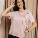 Μπλούζα κοντομάνικη ροζ με 3D λουλούδι και πέτρα στρας