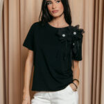 Μπλούζα κοντομάνικη μαύρη με 3D λουλούδι και πέτρα στρας