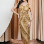 Φόρεμα midi gold κεντημένο στο χέρι με χάντρες