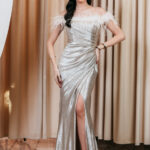 Φόρεμα maxi off shoulder feather silver