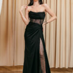 Φόρεμα maxi στράπλες με ιριδίζον στρας μαύρο