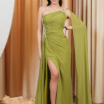 Φόρεμα maxi one shoulder με κόσμημα πέτρες λαχανί