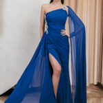 Φόρεμα maxi one shoulder με κόσμημα πέτρες μπλε