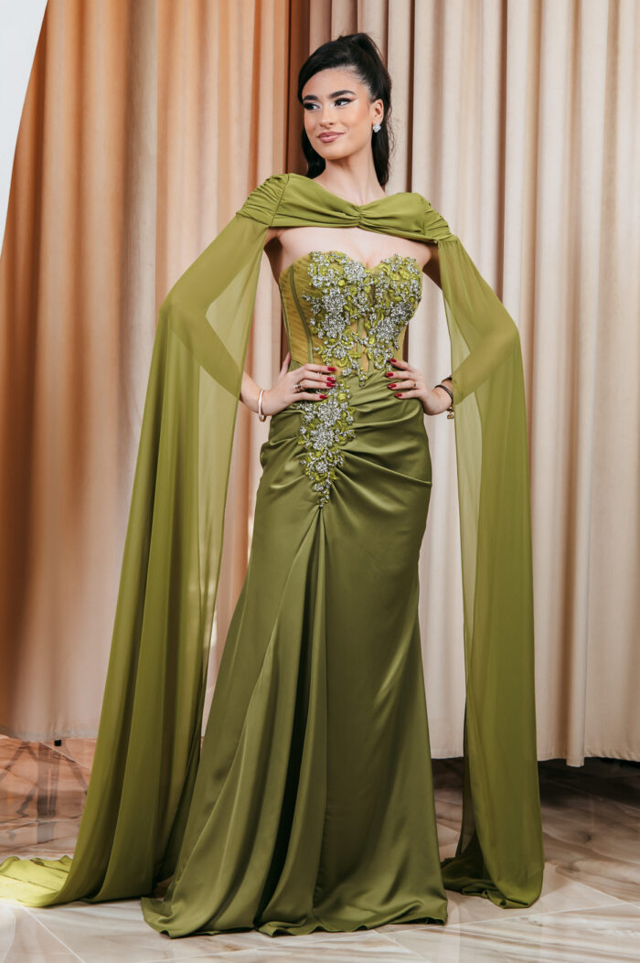 Φόρεμα maxi στράπλες με στρας και extra piece lime - Image 3