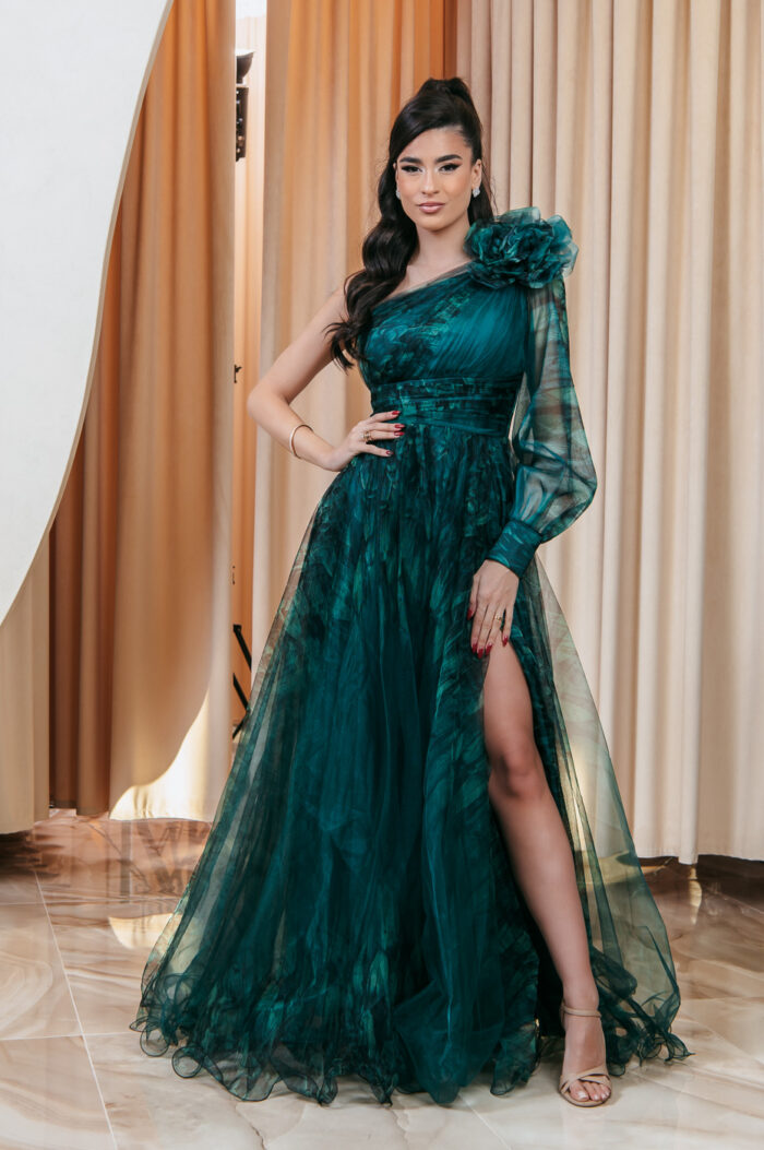 Φόρεμα maxi πράσινο με τούλι one shoulder