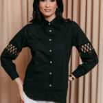 Πουκάμισο μαύρο με δαντέλα και στρας