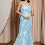 Φόρεμα maxi στράπλες baby blue με αποσπώμενο φιόγκο