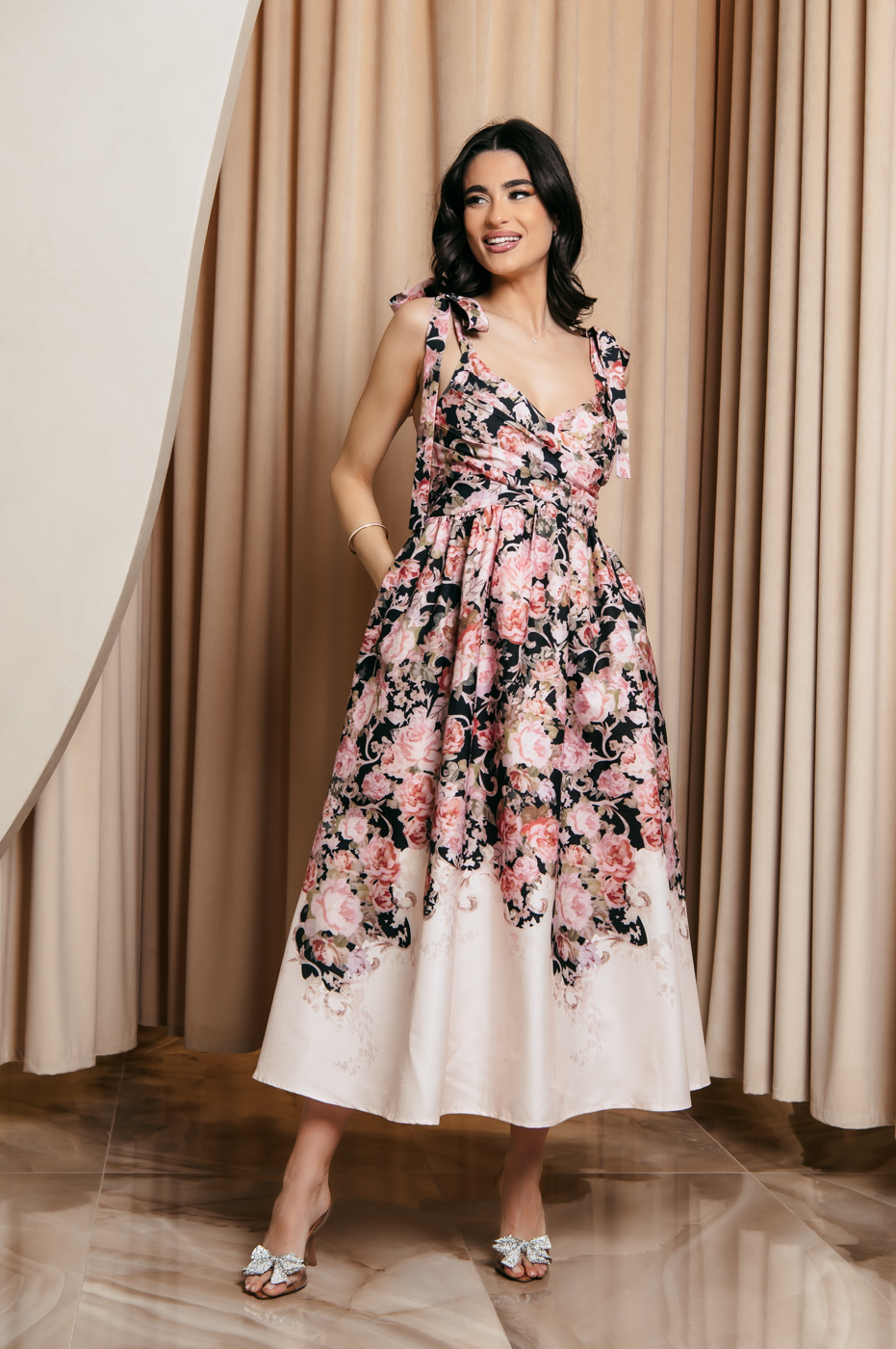 GA-1666 Φόρεμα midi floral σομόν