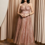 Φόρεμα midi rose gold με τρισδιάστατο γκλίτερ