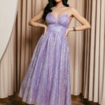 Φόρεμα midi λιλά με τρισδιάστατο γκλίτερ