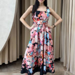 Φόρεμα maxi floral σατέν με ζώνη μαύρο