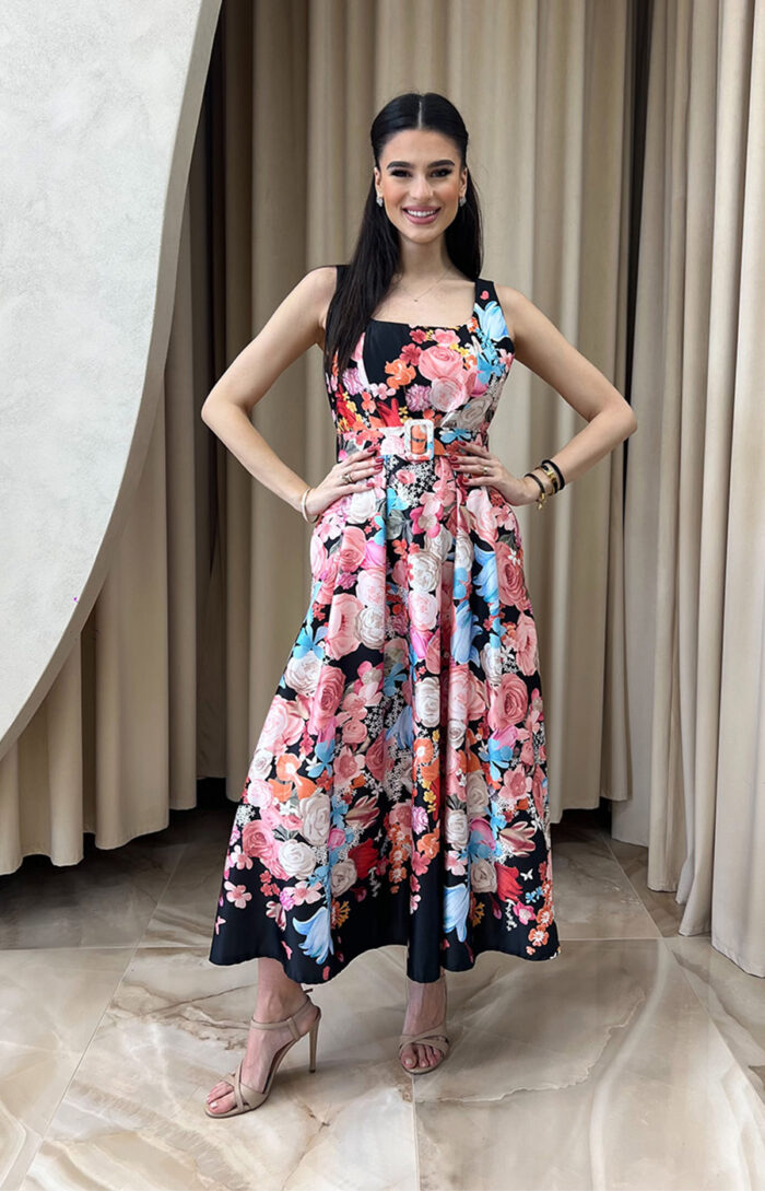 Φόρεμα maxi floral σατέν με ζώνη μαύρο