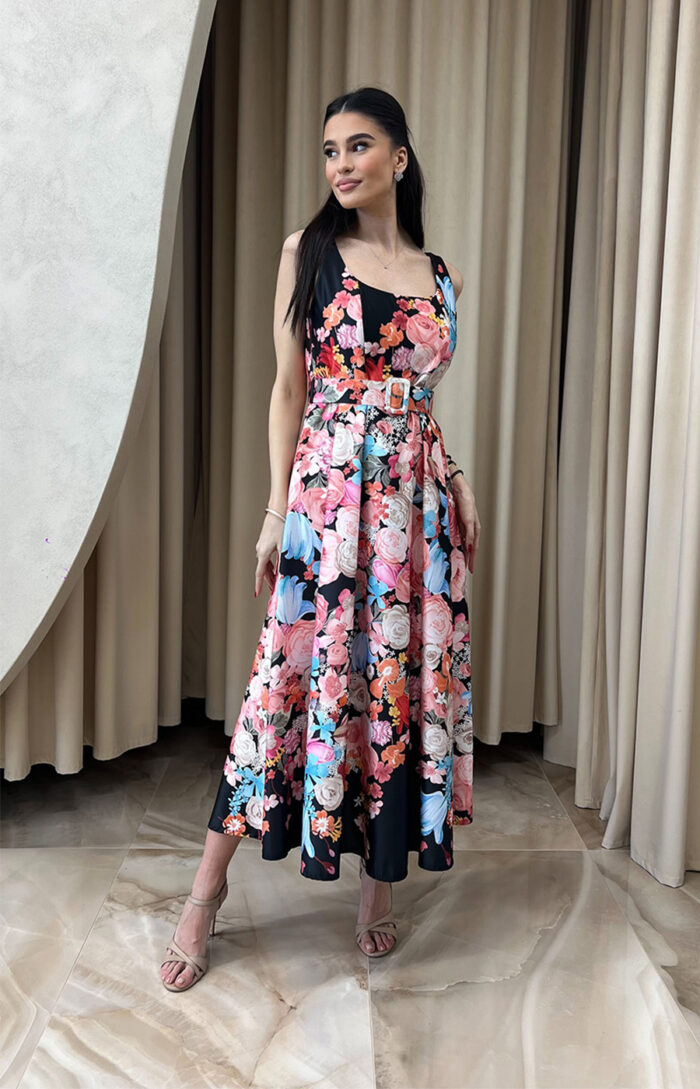 Φόρεμα maxi floral σατέν με ζώνη μαύρο - Image 2