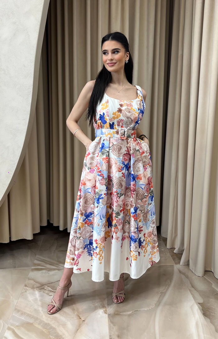 Φόρεμα maxi floral σατέν με ζώνη εκρού