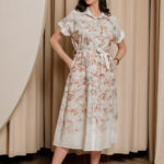 Φόρεμα midi floral εκρού κοντομάνικο